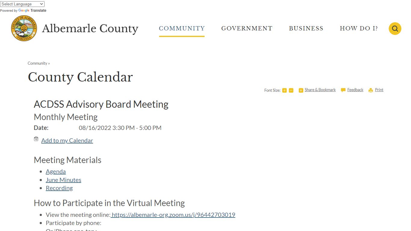 County Calendar | Albemarle County, VA